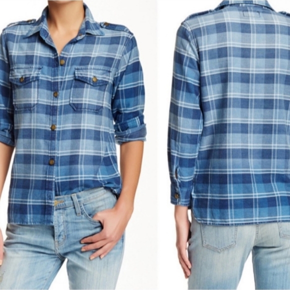 CURRENT/ELLIOTT, The Perfect Shirt, Reflektor Plaid, Blue and White, Size 1 (S) - Picture 2 of 10